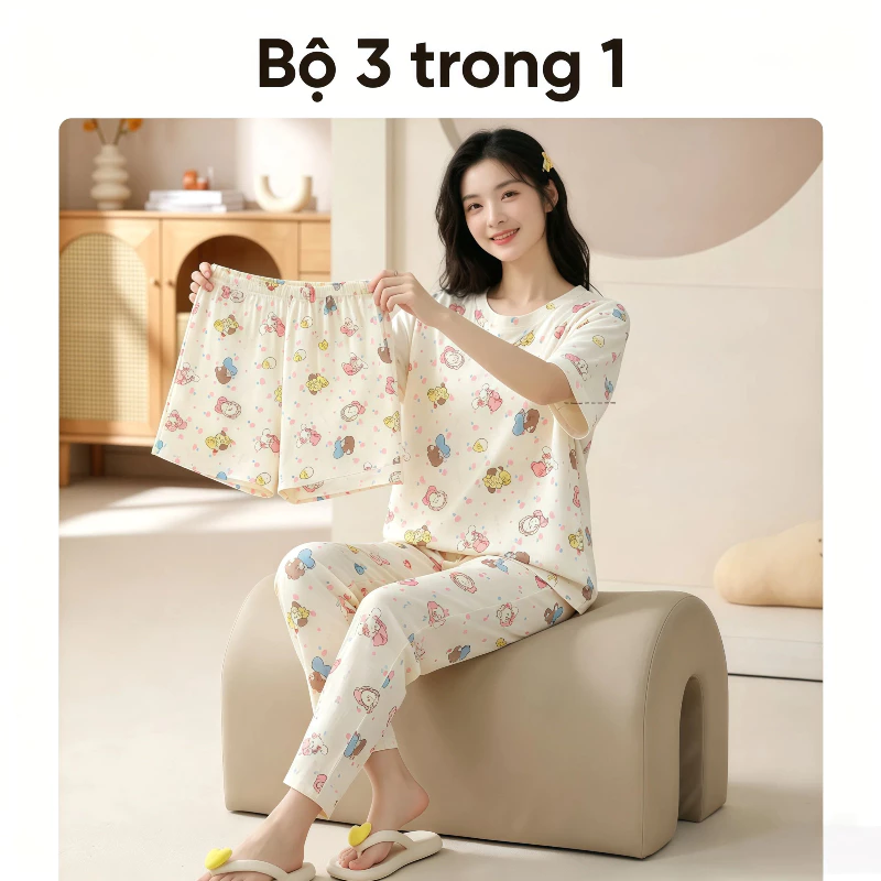 Bộ Đồ Ngủ Ba Mảnh Mỏng Tay Ngắn Cho Nữ, Phù Hợp Mùa Hè Và Làm Loungewear