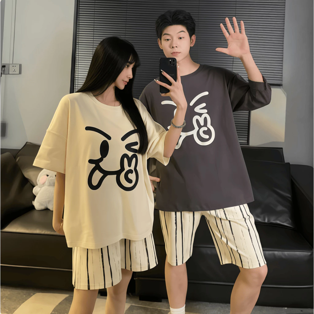 Bộ đồ ngủ đôi nam nữ mới xuân hè 2026, áo thun cổ tròn quần soọc, cotton 100%, in hình dễ thương, thoải mái dễ chịu, mặc nhà mặc ngoài được, cho cả cặp