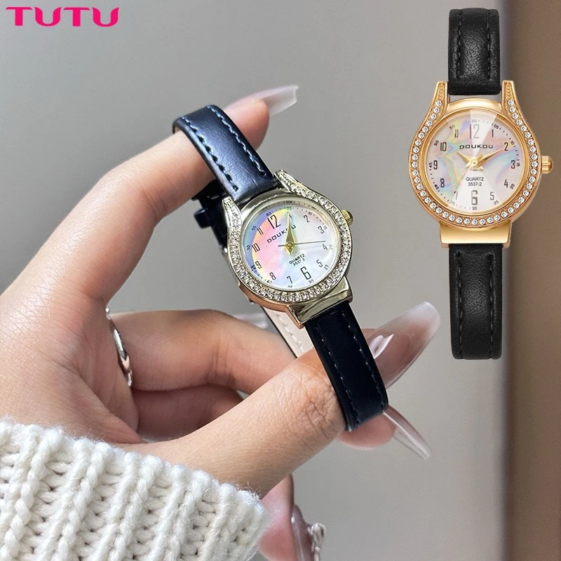 Đồng hồ nữ Doukou tròn đính đá giọt nước nhiều màu Đồng hồ thời trang nữ phong cách Hàn Quốc Đồng Hồ Nữ Đeo Tay Dây Da Nhỏ Xinh Women Watch