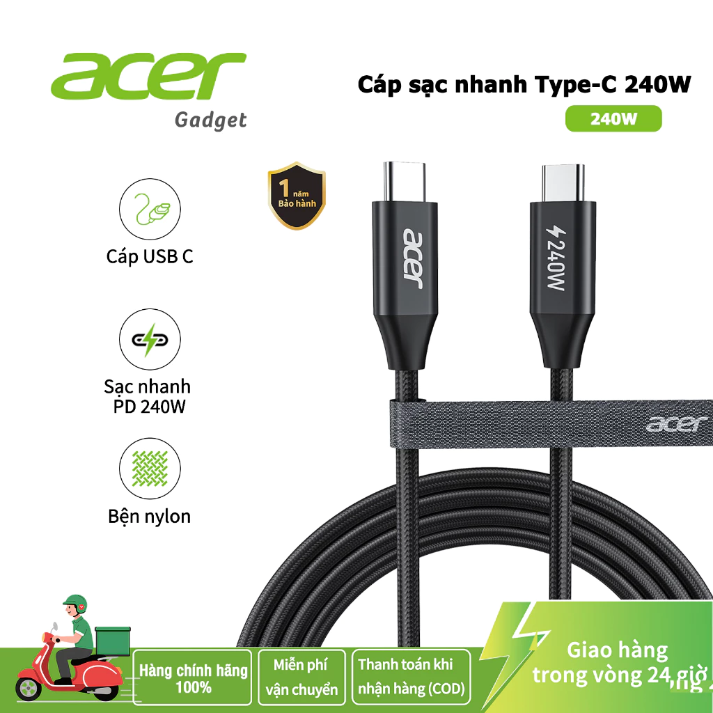 Acer Cáp USB C Dây cáp sạc nhanh Type C 240W Nylon bện Type-C sạc nhanh C đến C Tương thích với iP 15/16/17 Galaxy S25 / S24 Mac Pad Laptop UC416