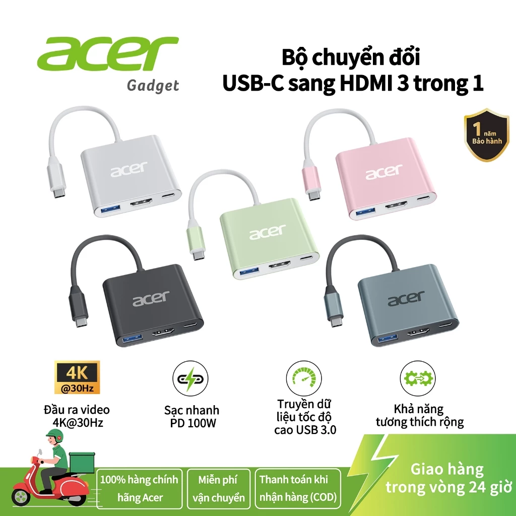 Acer Hub USB C Bộ chuyển đổi đa cổng USB C sang HDMI 3 trong 1 với cổng dữ liệu USB 3.0 Gen1 5Gbps Cổng HDMI 4K và Sạc PD Max 100W cho điện thoại C iPad Pro MacBook Pro Laptop UC303