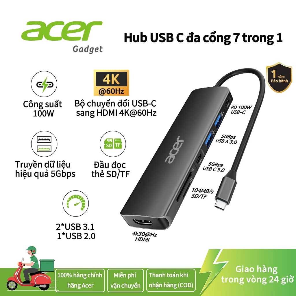 Acer USB C Hub 7 trong 1 với HDMI, 100W PD, Đầu đọc thẻ SD, Tương thích với máy tính xách tay / PC / Máy tính để bàn UC707