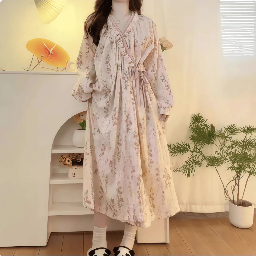 Váy Ngủ Nữ Cotton Cao Cấp Mẫu Mới Xuân Thu, Áo Khoác Dáng Váy Phong Cách Trung Hoa, Mặc Nhà Thoải Mái Vừa Đi Chơi Được, Sang Trọng Đẳng Cấp