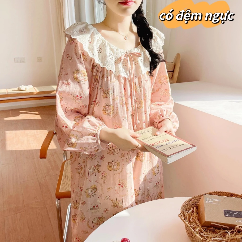 【Có miếng lót ngực – cotton】Váy ngủ dáng dài mùa hè – Cổ bẻ kiểu búp bê viền ren – Dễ thương ngọt ngào – Đồ ngủ mặc nhà dành cho học sinh/ nữ trẻ