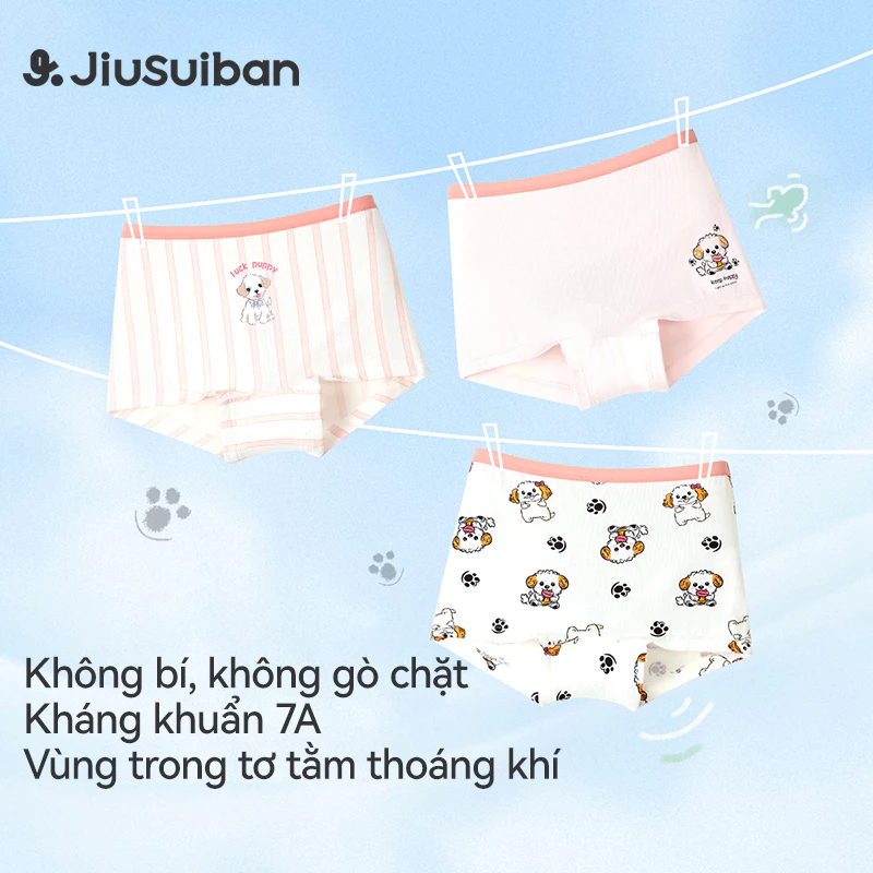 JiuSuiban Quần lót ống ngắn bé gái (bộ 3 chiếc) vải tự nhiên an toàn, mềm mại thoáng khí, kháng khuẩn cấp 7A, lót ruột lụa, không kẹt mông, thấm hút mồ hôi khô ráo