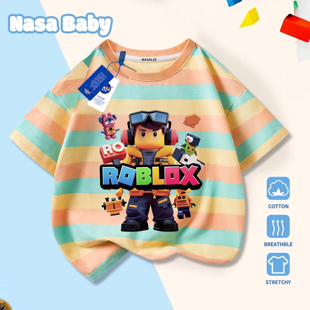 Áo thun in hình Roblox và logo NASA cho bé trai bé gái, tay ngắn chất liệu cotton mùa hè.