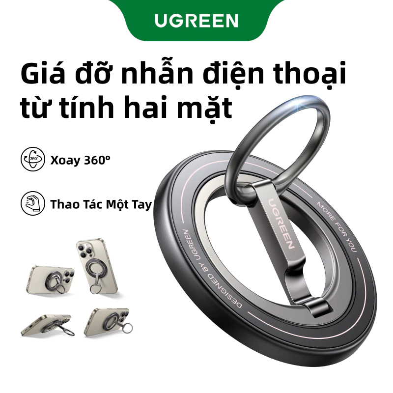Giá đỡ nhẫn điện thoại từ tính hai mặt UGREEN cho MagSafe – Hợp kim nhôm, 360° Tay cầm có thể điều chỉnh cho iPhone 16 Pro Max/iPhone 17 Pro Max/iPhone 18 Pro Max