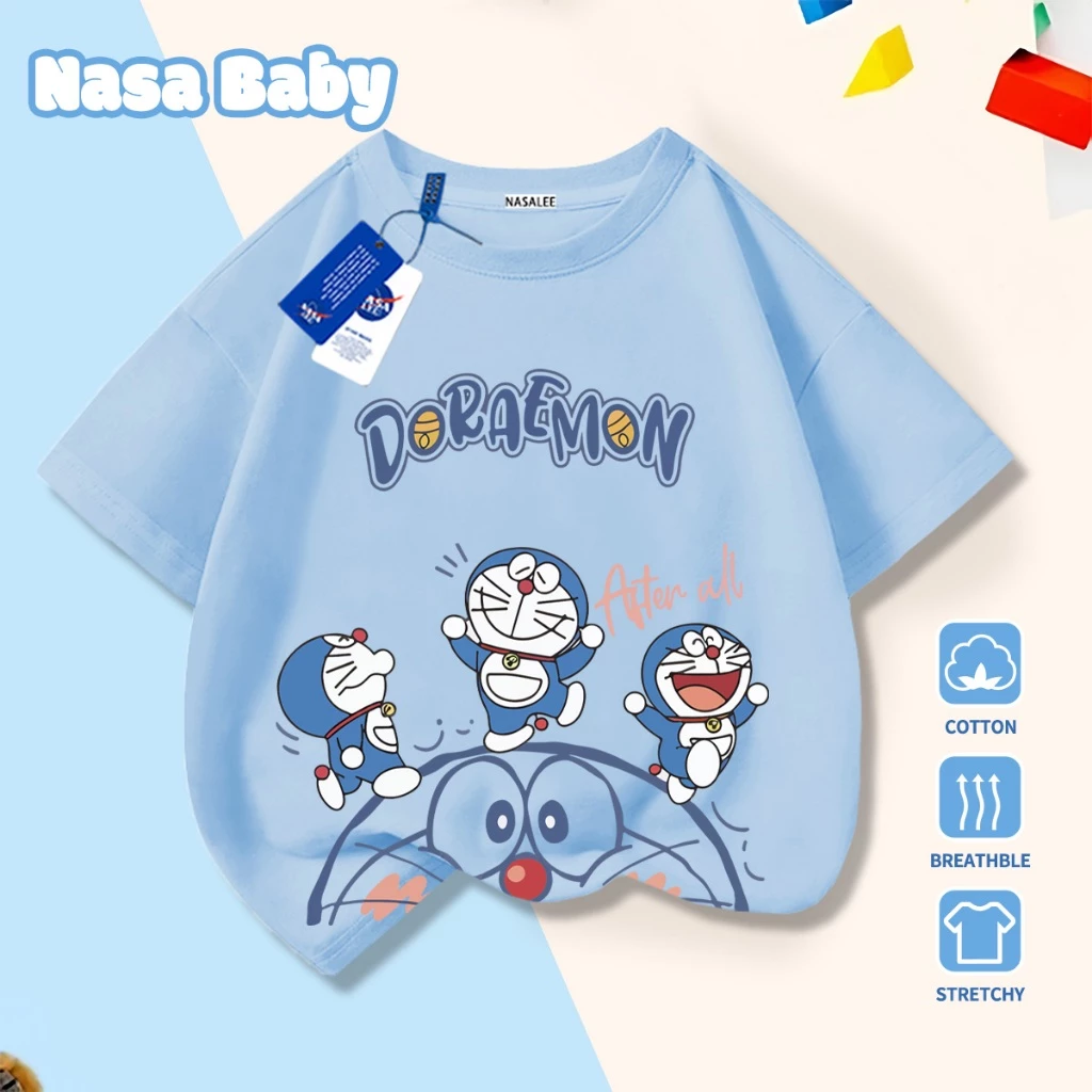Áo thun tay ngắn in hình Doraemon của NASA, chất liệu cotton thoáng khí, giao hàng trong 24 giờ.