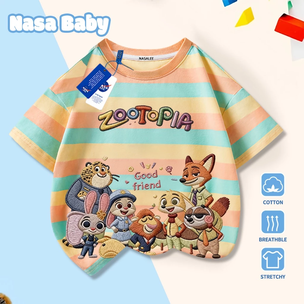 Áo thun tay ngắn in hình hoạt hình Zootopia (Thành phố động vật) của NASA, chất liệu cotton, đồ trẻ em unisex, giao hàng trong 24 giờ.