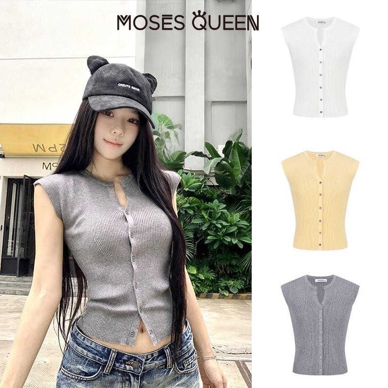 MOSESQUEEN Dopamine Áo len dệt kim ngắn tay một ngực 2025 Thời trang nữ mùa hè mỏng Top gợi cảm Hot Girl Trang phục #59818