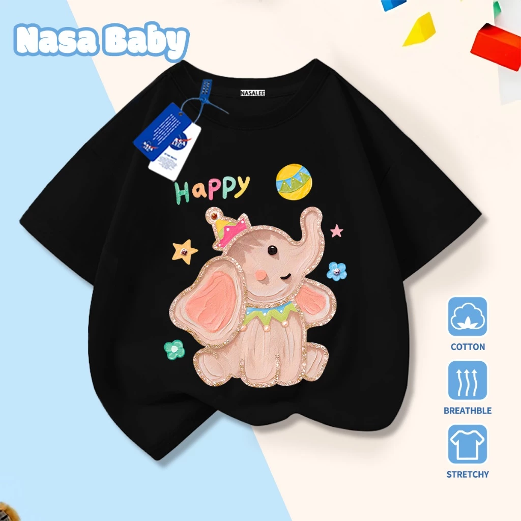 Áo thun in hình voi NASA, chất liệu cotton, thoáng mát mùa hè, tay ngắn cho nam nữ và trẻ em.