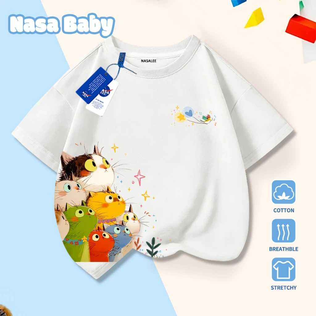 Áo thun in hình NASA dễ thương, chất liệu cotton, thoáng mát mùa hè, tay ngắn cho nam nữ và trẻ em.