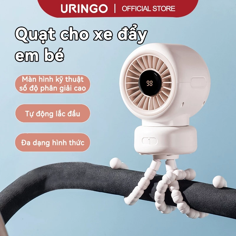 Quạt gắn xe đẩy em bé URINGO – Tự động xoay, di động, sạc lại được, màn hình hiển thị HD (3600mAh)
