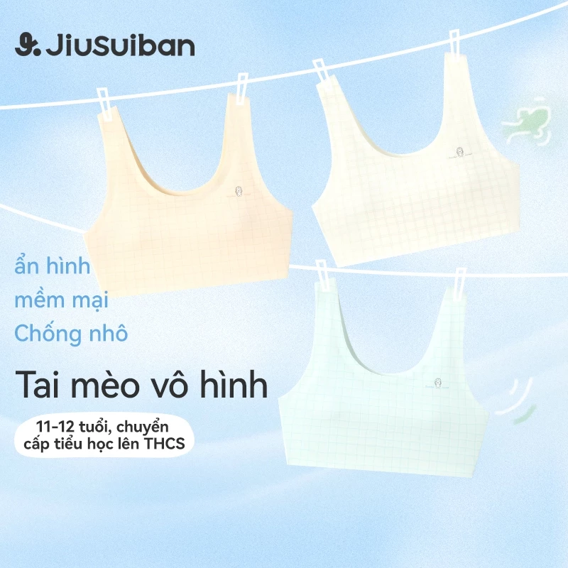 Áo Ngực Bé Gái Tuổi Dậy Thì 11-12 Tuổi JiuSuiban Áo Lá Học Sinh Ép Keo Tàng Hình Mút Cố Định Tai Mèo Chống Nhú