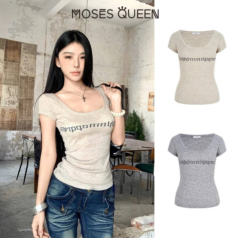 < MOSESQUEEN > Áo cổ tròn thời trang nữ, kiểu mỏng, chất liệu thoáng nhẹ, in chữ, thiết kế lưng hình trái tim, mềm mại thoải mái, dáng vẻ tôn dáng #63546