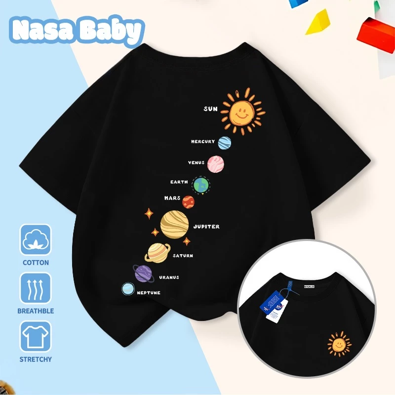 Áo thun tay ngắn cotton mùa hè NASA cho bé trai và bé gái, kiểu dáng thời trang và thoải mái.
