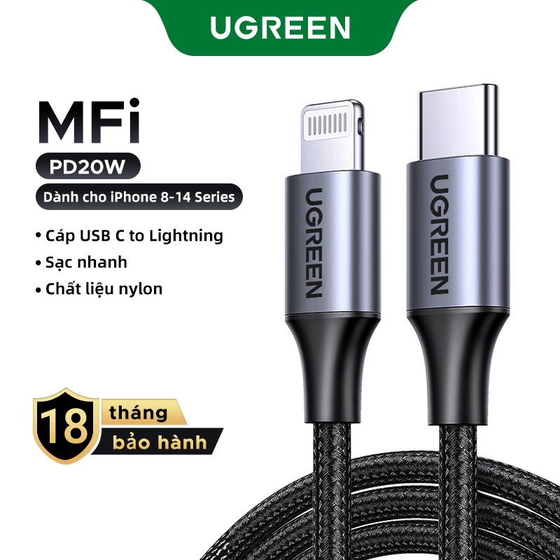 Cáp Sạc Nhanh UGREEN Nylon Dù USB-C to Lightning Đạt chứng nhận MFi Apple Chắn…