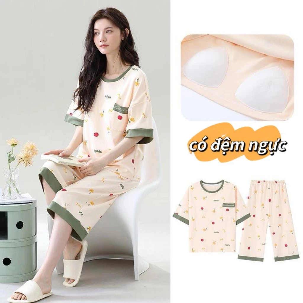Đồ ngủ bộ nữ Thu/Hè 2026 - Áo cổ tròn, tay ngắn & quần ống lỡ, có đệm ngực, phong cách ngọt ngào, mặc nhà hoặc ra ngoài.