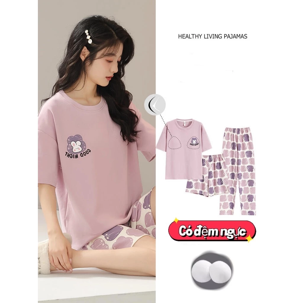 【Combo 3 Món】Bộ Đồ Ngủ Nữ Có Đệm Ngực Cao Cấp - Áo Tay Ngắn + Quần Short + Quần Dài (Hàng Thu Đông Bán Chạy)