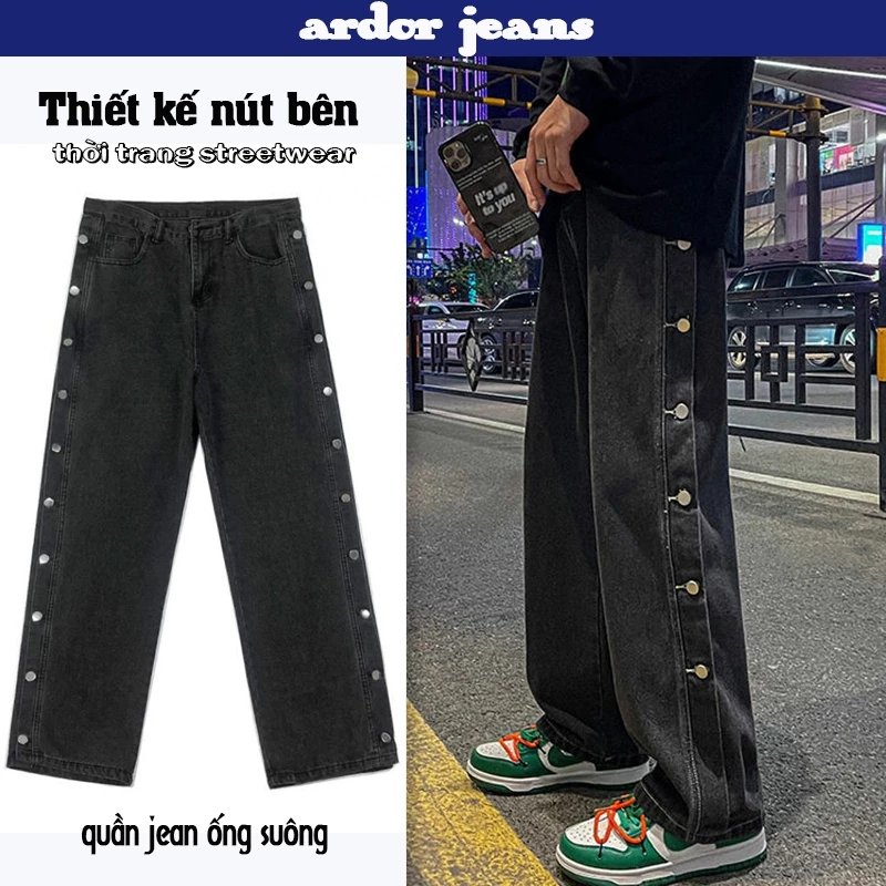 Quần Jean Ống Rộng Nam Quần Bò Dáng Suông cao cấp quần baggy Đột Cúc Có Size To Mặc Co Giãn Thoải Mái Cạp cao jean nam wash màu xanh boy phố