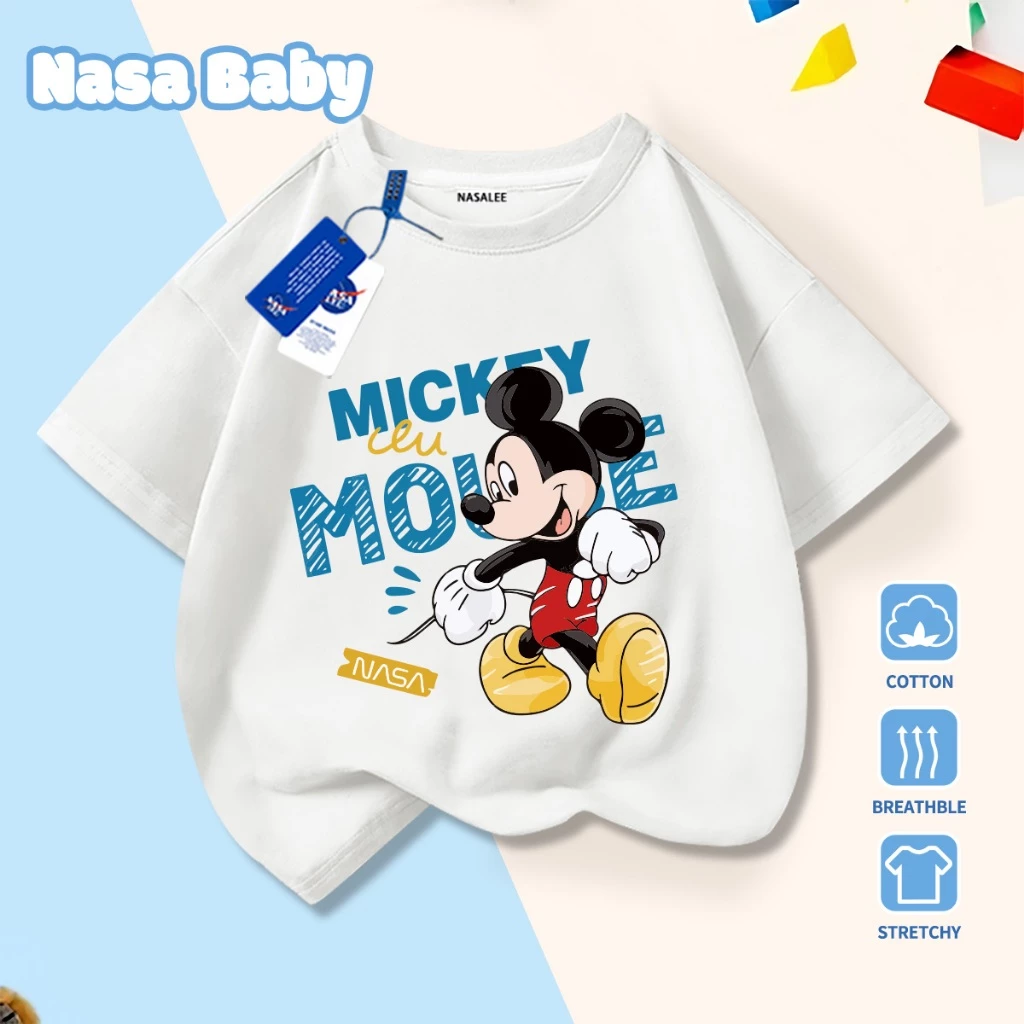 Dịch sang tiếng Việt: Áo phông NASA in hình Mickey, áo cộc tay unisex trẻ em mùa hè, chất cotton thoáng khí.​