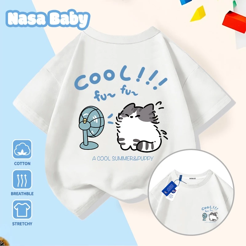 Áo thun in hình NASA và mèo con thổi gió, tay ngắn mùa hè, áo nam nữ trẻ em, giao hàng trong 24 giờ.