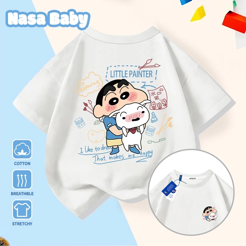 Áo thun in hình NASA và Shin - Cậu Bé Bút Chì, tay ngắn mùa hè, cotton thoáng mát phong cách dễ thương, nam nữ trẻ em.​