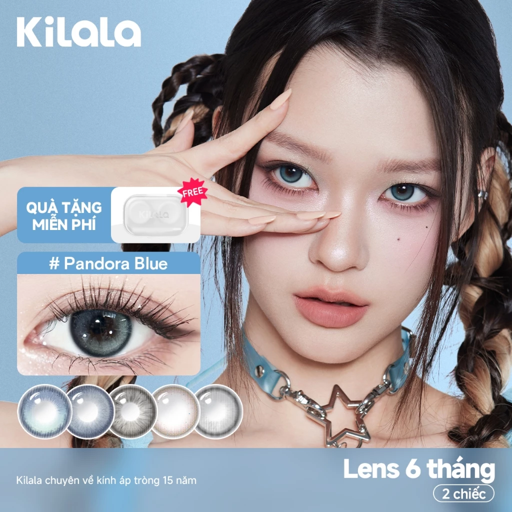Kính áp tròng Kilala màu nâu Pearly Grey/Lychee Grey/Pandora Blue lens cận 6 tháng DIA 14.2mm có độ (0-7) 1 cặp