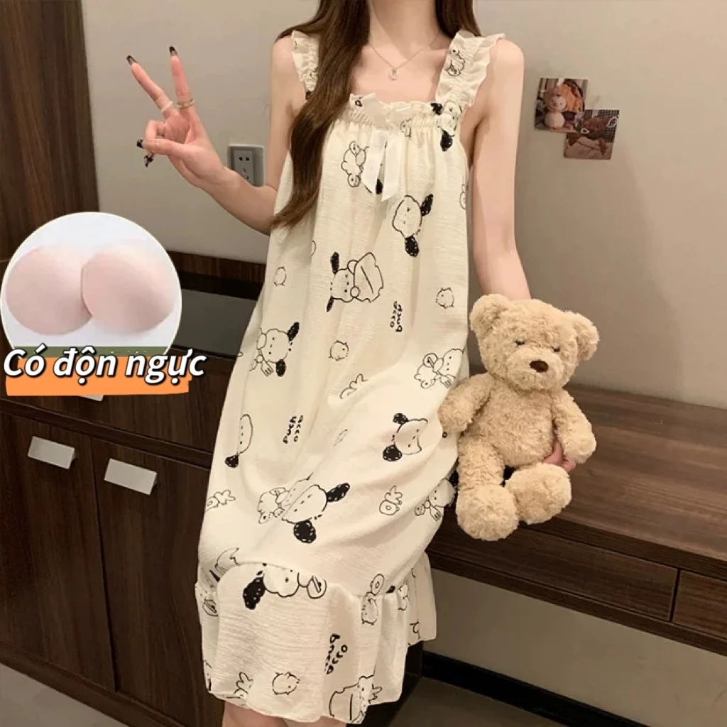 [Đệm ngực tháo rời] Đầm ngủ dây hai dây dáng dài vải bông mềm mại - Phong cách ngọt ngào, thanh lịch, thoải mái - Đồ mặc nhà nữ tính