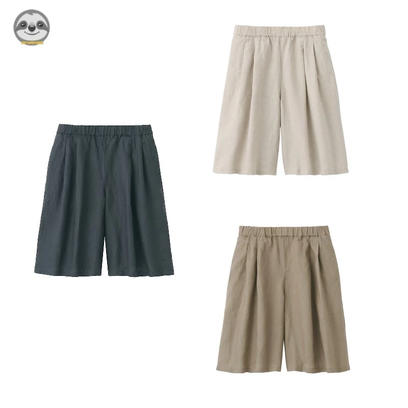 Phong cách Nhật Bản Muji Style / Quần vải lanh nữ ống rộng năm điểm / Quần đi biển dáng rộng thông thường