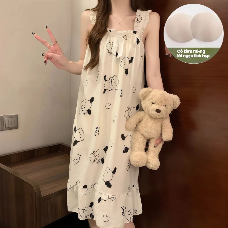 【Mã giảm giá-MI3PF738】Đầm Ngủ Hai Dây Có Đệm Ngực Mùa Hè - Chất Vải Mỏng Nhẹ Thoáng Khí, Trang Trí Nơ Xinh Xắn - Phong Cách Nhật Bản Ngọt Ngào Thanh Khiết Đồ Mặc Nhà Cho Nữ