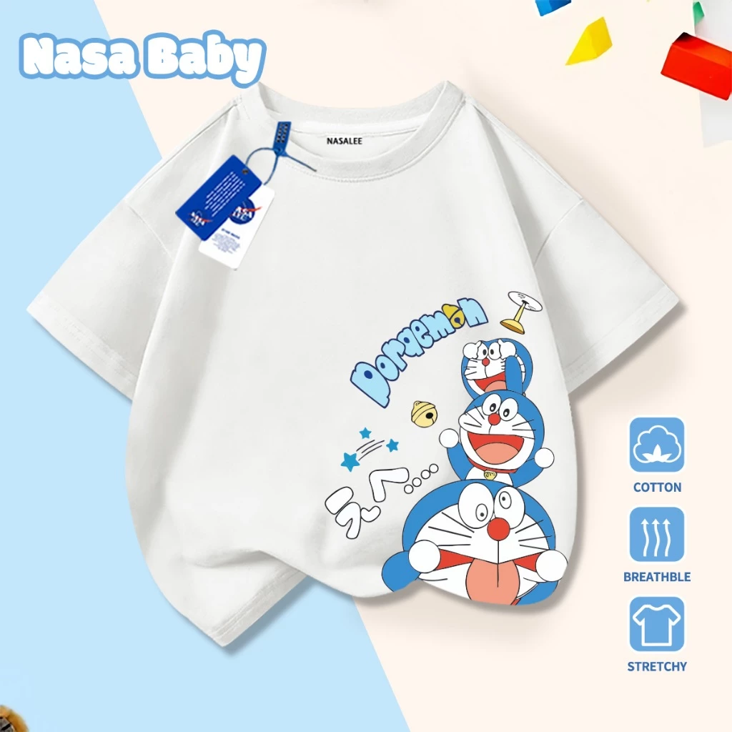 Áo thun in hình Doraemon (máy mèo) NASA tay ngắn, dành cho nam nữ trẻ em, chất liệu cotton.