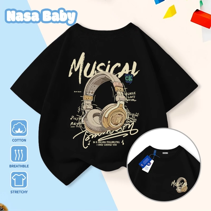 Áo thun in hình tai nghe NASA tay ngắn, dành cho nam nữ trẻ em, chất liệu cotton.