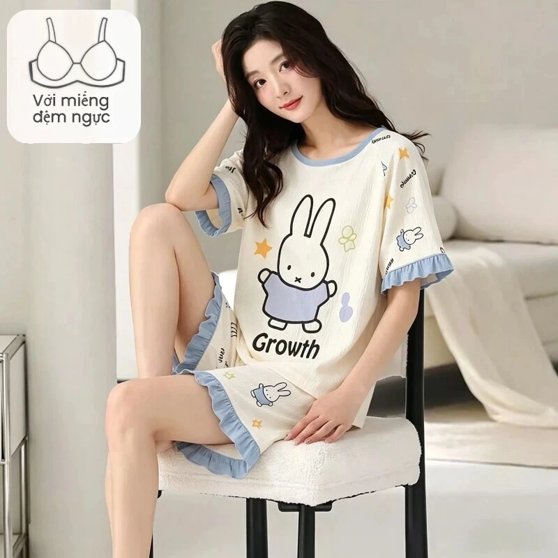 2026 Phong Cách Mới Mùa Hè Với Ngực Miếng Lót Bộ Đồ Ngủ Nữ Mây Cotton Hoạt Hình Ngọt Ngào Tay Ngắn Xù Loungewear Set