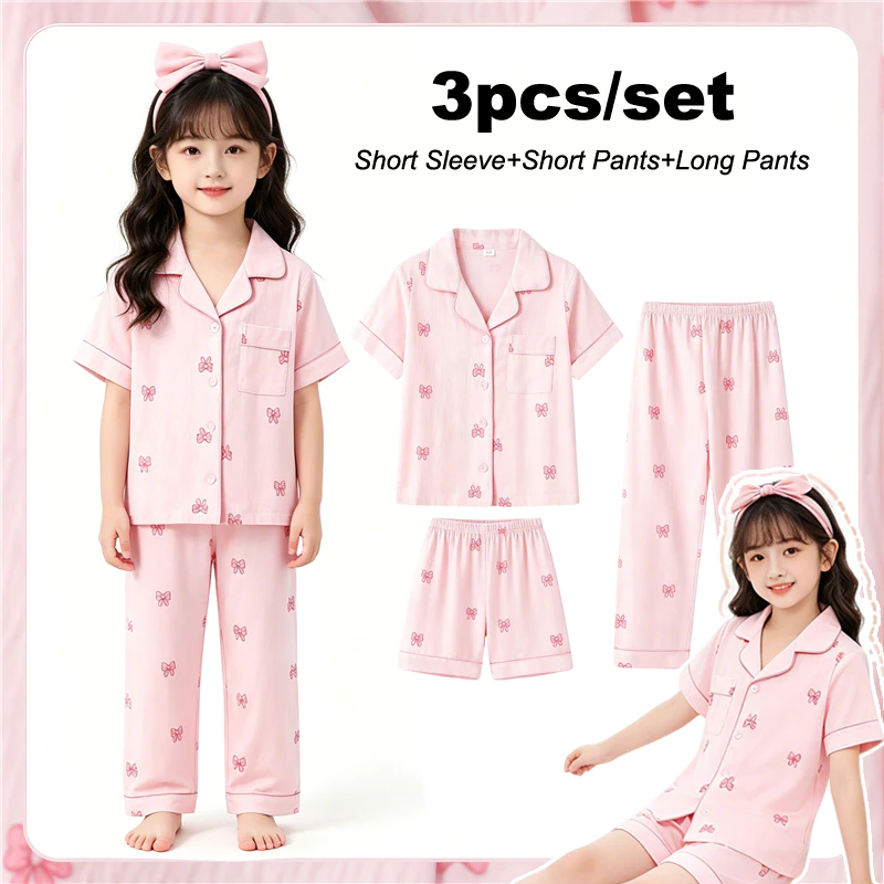 3 Cái / bộ Nơ Màu Hồng Bé Gái Bộ Đồ Ngủ Trẻ Em Đồ Ngủ Nữ Tay Ngắn Lấy Cảm Giác Hoạt Hình Bé Gái Poly-cotton Ve Áo Ánh Sáng & Cảm Ứng Mềm Mại Mặc Nhà Cho 4 - 5 Tuổi