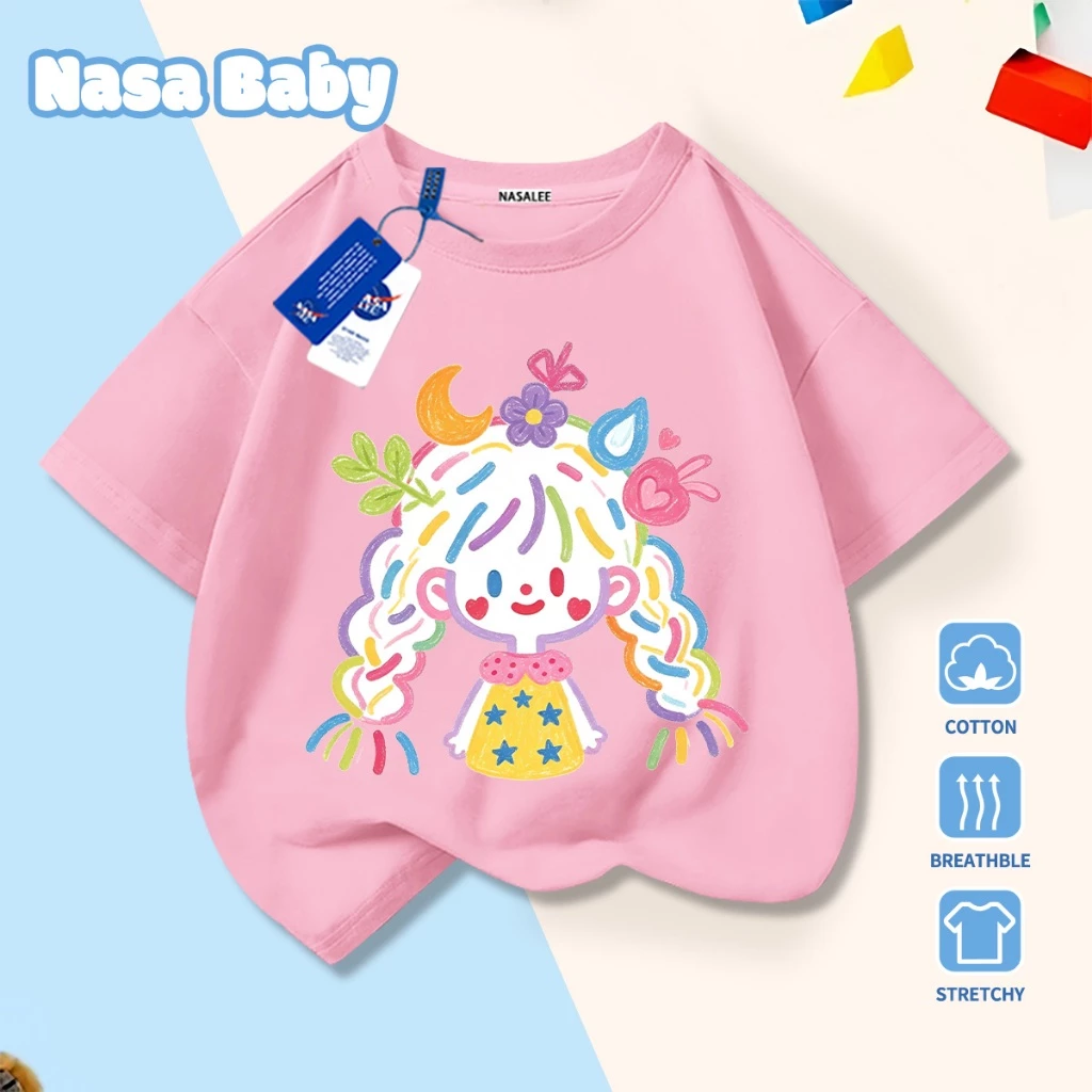 Áo thun in hình cô gái hoạt hình NASA tay ngắn, dành cho nam nữ trẻ em, chất liệu cotton, giao hàng trong 24 giờ.