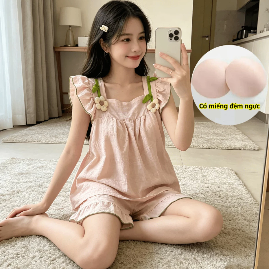 Bộ Pyjama Nữ Dây Đeo Hoa Dễ Thương, Kem Hồng, Mùa Hè Thoải Mái Thoáng Khí Cao Cấp Loungewear