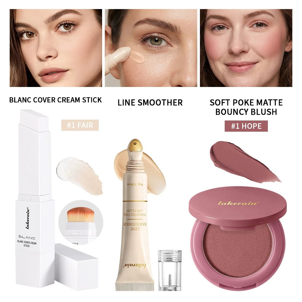 Bộ trang điểm toàn diện 3 trong 1 Lakerain: Kem phủ + Kem lót đường mịn + Phấn má hồng mờ mềm – Nhẹ, không thấm nước, mặc suốt cả ngày
