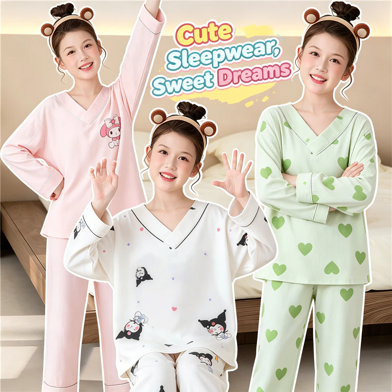 Bộ Đồ Ngủ Dễ Thương Bé Gái Dài Tay Đồ Ngủ Size Lớn Cotton Lụa Hàn Quốc Pyjama Đồ Ngủ