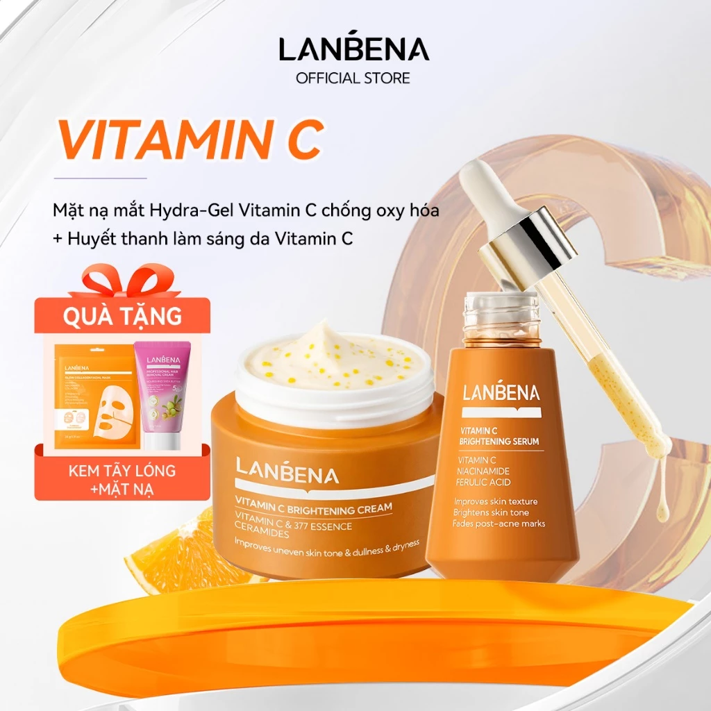 COMBO 2 Serum + Kem LANBENA Vitamin C Niacinamide Dưỡng Sáng Mờ Thâm Sạm Trẻ Hóa Da Dưỡng Ẩm,huyết thanh da mặt， Đều Màu Da, Da Căng Mọng Mịn Màng, Nuôi Dưỡng Phục Hồi Làn Da Hiệu Quả