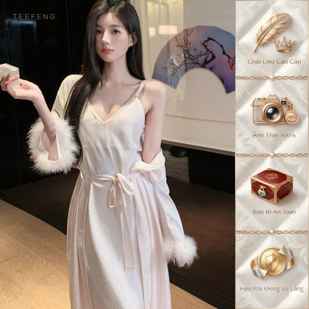 TEEFENG Váy Ngủ Nữ Lụa Dệt Hoa Báo Cao Cấp Phong Cách Sang Trọng Mỏng Mùa Hè Hai Dây Mặc Nhà