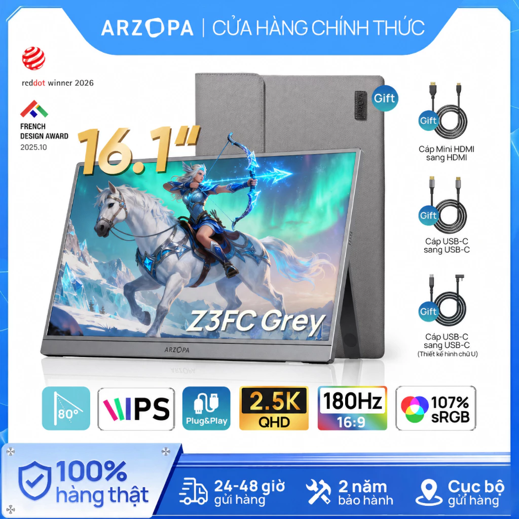 Màn hình di động ARZOPA 16.1" 180Hz Z3FC – 2,5K HDR, 107% sRGB, Siêu mỏng, Chân đế, Chăm sóc mắt, Màn hình thứ hai cho Laptop, PC, PS5, Mac, Xbox
