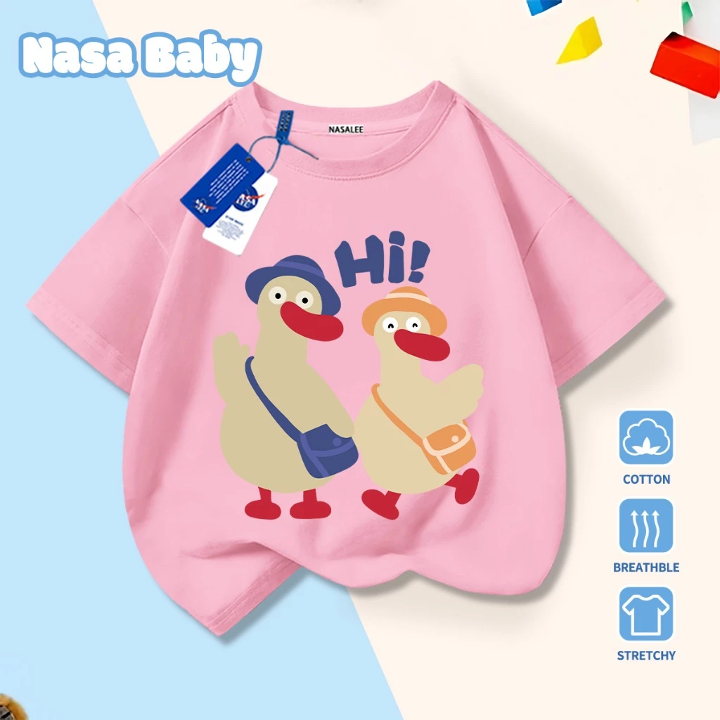 Giao hàng trong ngày - Áo thun cotton hồng trẻ em NASA in hình vịt, thoáng mát, dành cho bé trai/gái từ 3-16 tuổi, tay ngắn​