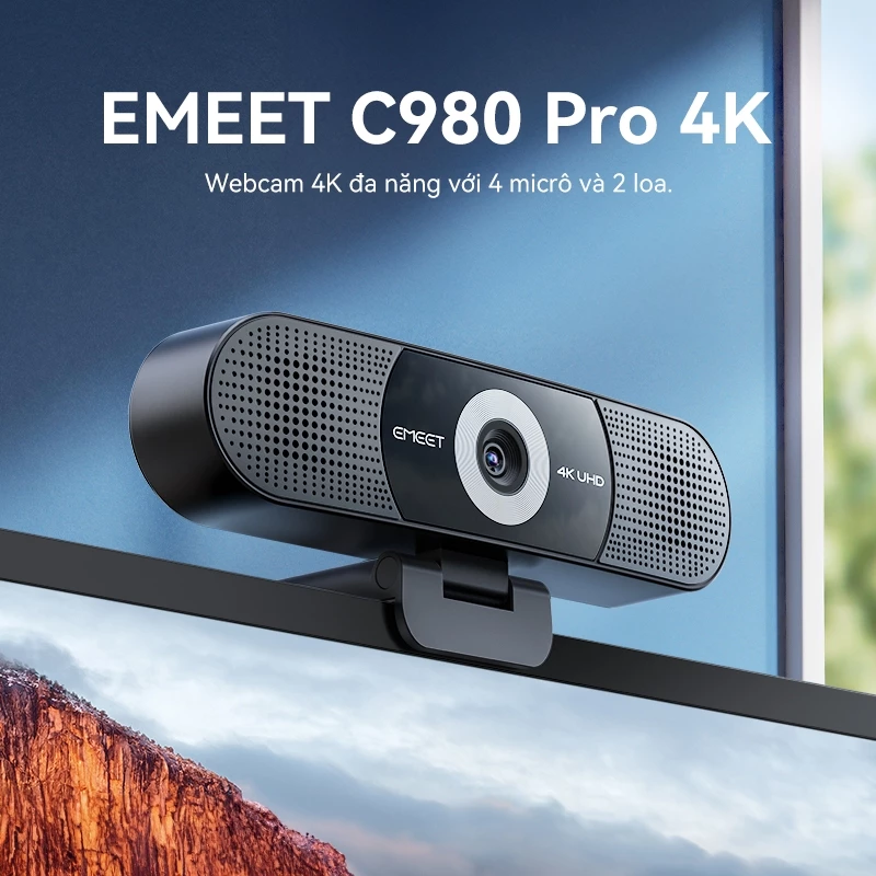 [Vận chuyển địa phương] Webcam 4K 3 trong 1 EMEET có micrô và loa, C980 PRO 4K 60°-98° Webcam góc rộng có 4 Mic khử tiếng ồn, 2 loa, Lấy nét cố định, Vỏ bảo mật từ tính