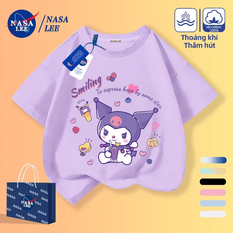 [Giao hàng trong ngày] Áo thun Cotton màu tím cho trẻ em Phim hoạt hình Kuromi In hình vui nhộn Quần áo thoáng khí mùa hè Tay ngắn Thích hợp cho bé trai 3-16 bé gái