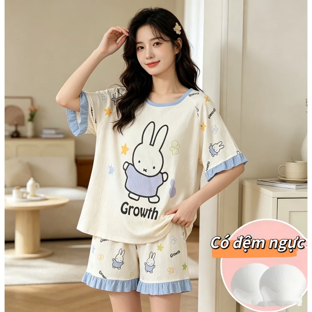 Bộ đồ ngủ mặc nhà mùa hè chất liệu cotton mây (bông mây), có đệm ngực, viền ren, phong cách ngọt ngào thiếu nữ, gồm áo tay ngắn và quần đùi