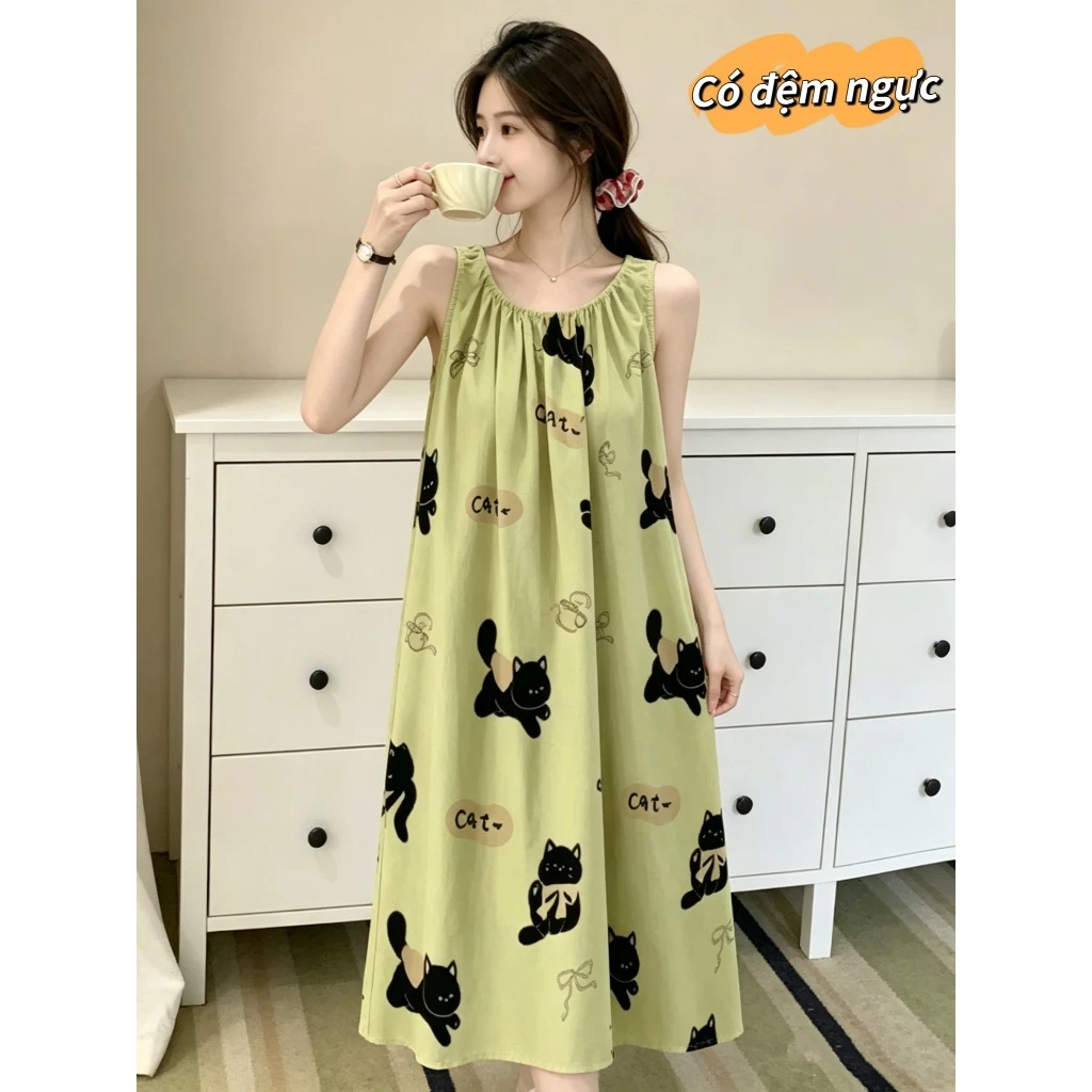 【Bông + Miếng lót ngực】Đầm ngủ dài tay trẻ mùa hè, tay lỡ, họa tiết mèo dễ thương, thanh lịch, nữ tính, thời trang – Đồ ngủ/ đồ mặc nhà cao cấp