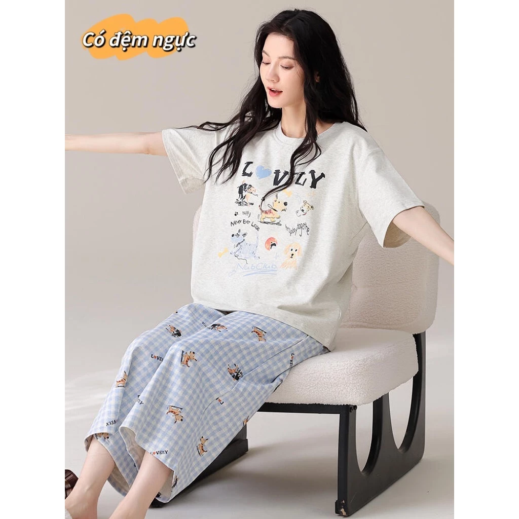 【Cotton có độn ngực】Bộ đồ ngủ mùa hè hot trend trên Instagram| Áo ngắn tay + quần dài chất liệu mỏng nhẹ| Thoáng khí, chống muỗi hiệu quả| Thích hợp mặc trong phòng điều hòa| Đồ mặc nhà thoải mái dễ chịu