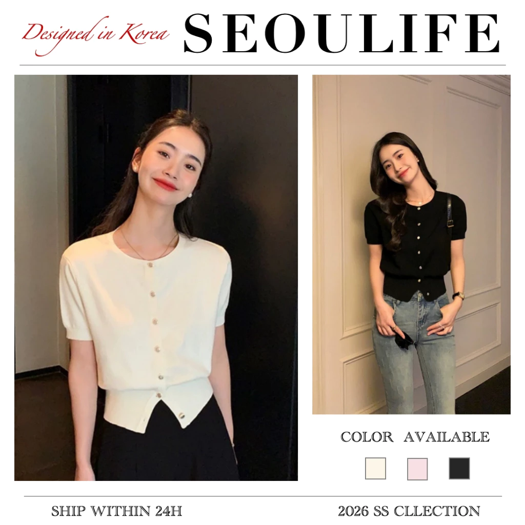 SEOULIFE | Áo cardigan nút vàng - Dệt kim ngắn tay cổ tròn, thoáng mát mùa hè, phong cách rộng rãi ,áo kiểu nữ