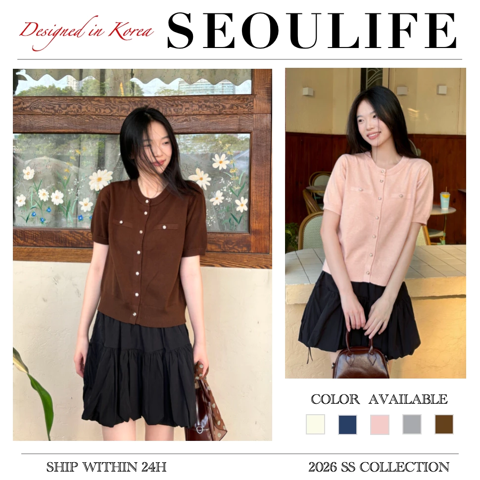SEOULIFE Áo len dệt kim phong cách Hàn Quốc dành cho nữ, cổ tròn slim fit, có túi giả và thiết kế rộng rãi
